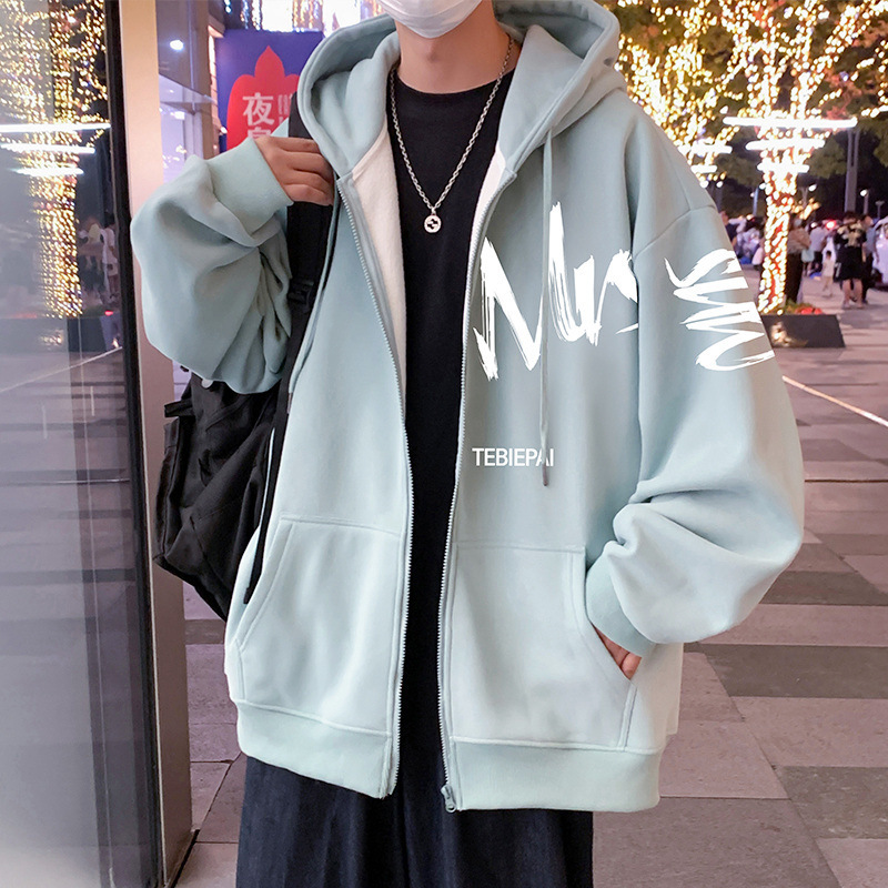 Drawstring Hooded Casual All-match Sweatshirt Men's Ins Hong Kong-style Letter Printed Zipper Cardigan Jacket Top Clothes Coat