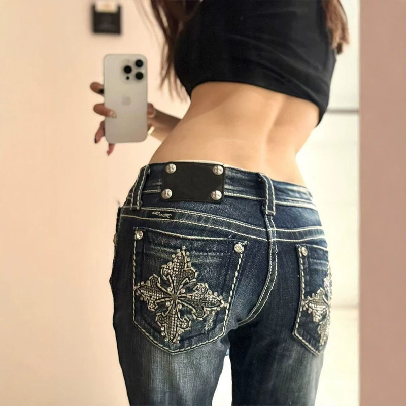 American retro hot girl style rhinestone embroidered denim pants for women, summer Y2K millennium slim-fit low-waist floor-length pants