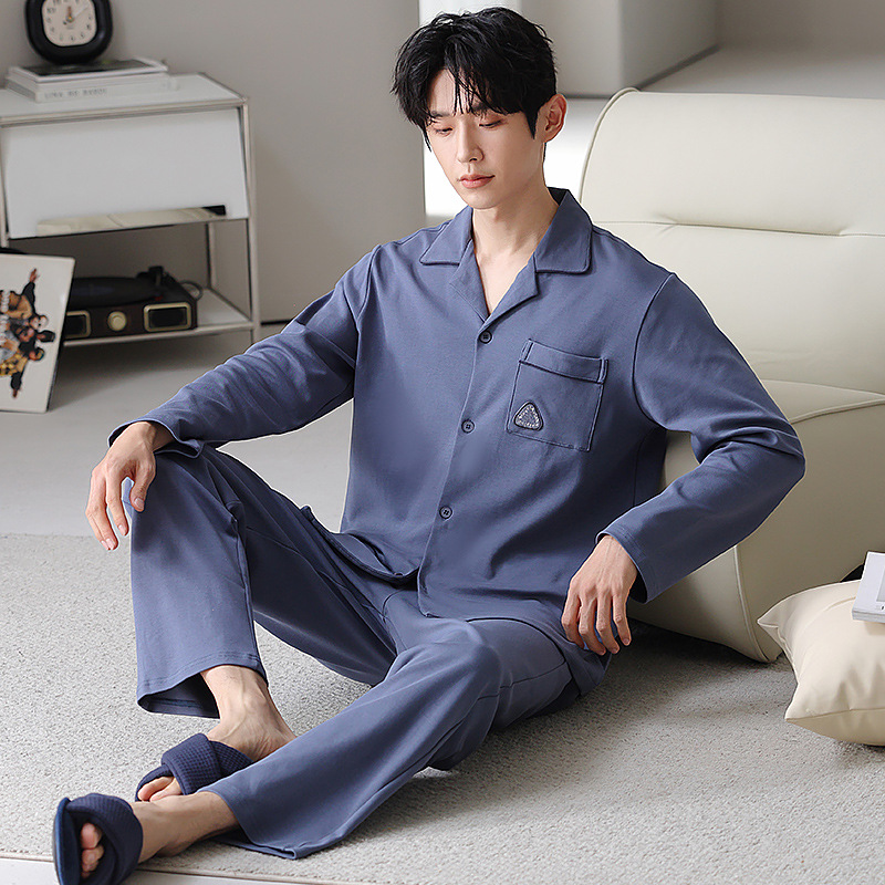 ZHUOJIA 남성용 순면 잠옷 남성용 봄, 가을 100% 면 긴팔 가디건 새 홈웨어 캐주얼 외부 착용 가능