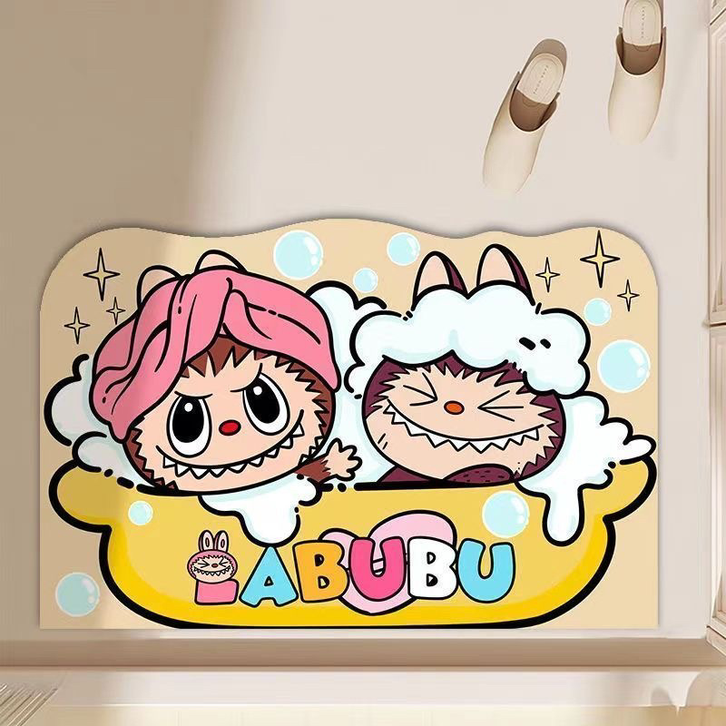 Labubu Cartoon Bathroom Floor Mat Absorbs Water and Oil, Diatom Mud Non-Slip Carpet, Home Bathroom Door Mat