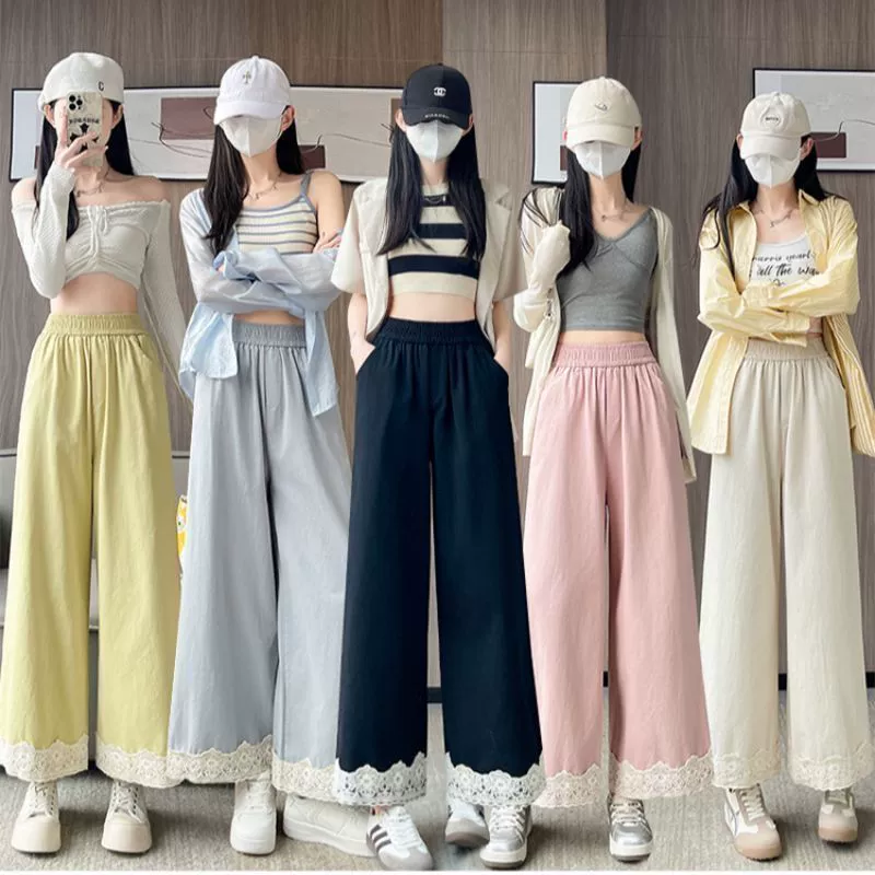 Женские брюки с кружевными вставками, весна-лето 2025, новые, высокая талия, широкие штанины, свободные, стройнящие, повседневные, прямые