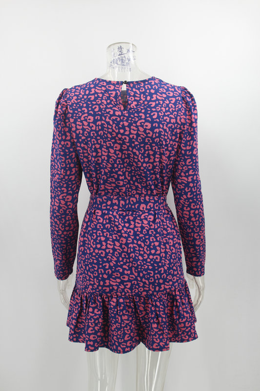 Round Neck Print Receiving Waist Dress NSJRM81967