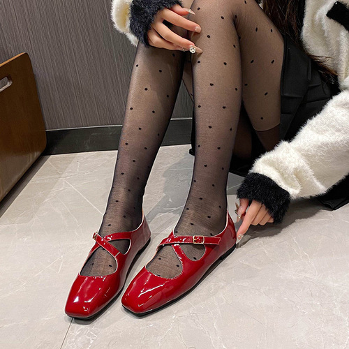 N2-1 Cross Band Mary Jane Shoes, Square Toe, Low-Profile Strap, Flat Mary Jane Single Shoes for Women, Wedding Shoes, Flat Wedding Shoes