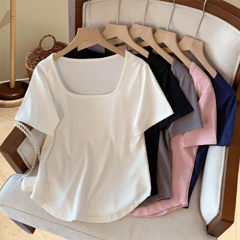 Modal Cotton plus size chubby girl Belly Covering Shoulder Square Collar Short-sleeved T-shirt Women's Summer Korean-style Slimming Base Shirt Top