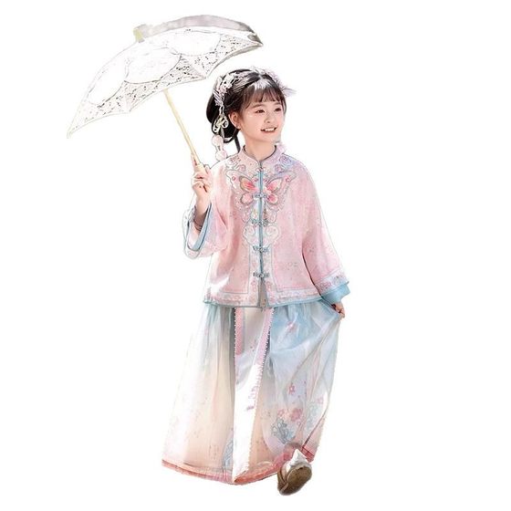 Hanfu Girls 2025 Spring and Autumn Children's Antique Super Fairy Pink Ming-made Horse-faced Skirt suit Little Girl's Paid Dress