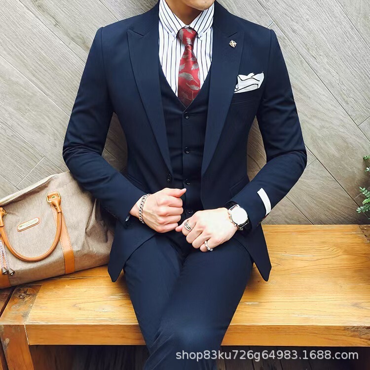 Business Suit, Men's Three-Piece Suit, Handsome, Slim-Fitting, No-Iron Suit, Groom's Wedding Banquet Dress, Slimming Formal Wear