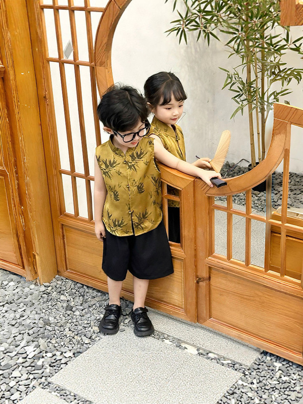 新しい中国風の女の子唐スーツ子供ベスト春と夏 2025 新しいスタイルの男の子と女の子中国風ジャカードノースリーブベストトレンディ|undefined