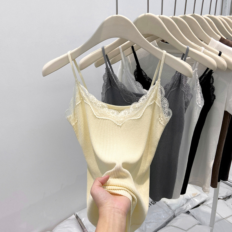 Milk Yellow Lace Stitching Camisole Women's Spring and Summer Threaded V-Neck Inner Anti-running Sleeveless Outer Wear Top