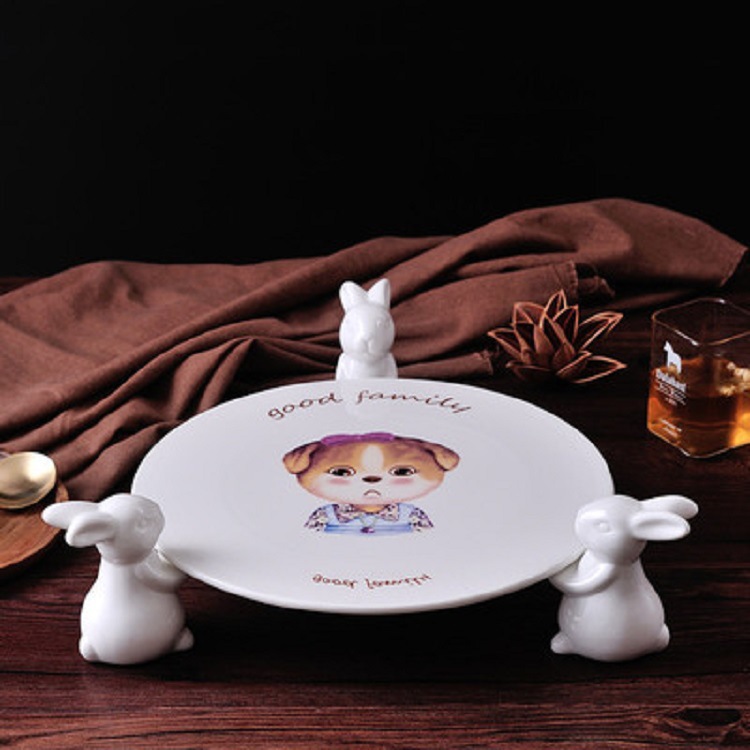 Bandeja decorativa de cerámica creativa estilo europeo con motivo de conejo, para postres, frutas y uso doméstico
