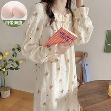 睡裙秋冬款长款ins风甜美新款公主睡衣可爱蝴蝶结方领长袖家居服