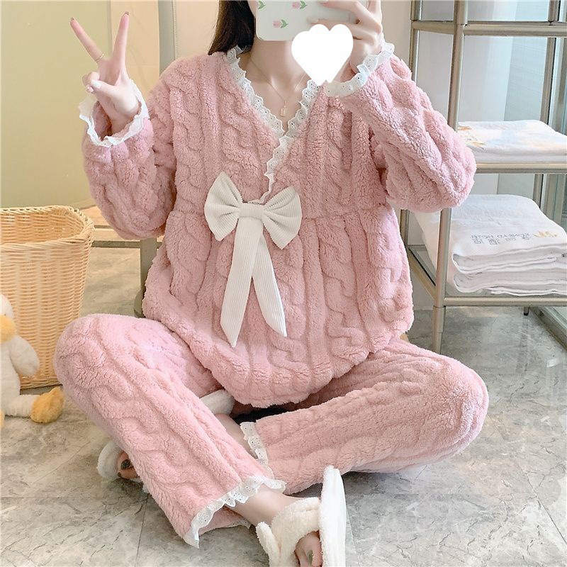 (2개) 임산부 잠옷 겨울과 가을 풀오버 산호 털 플러스 벨벳 두꺼운 따뜻한 가정복 플란넬 산후복 정장