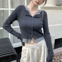 韩系chic假两件撞色V领针织开衫女秋冬别致修身毛衣内搭短款上衣