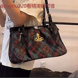 土星托特包中古包格纹腋下包女高级感2025新款单肩包