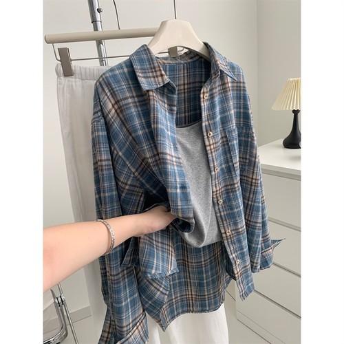 Women's Blue Plaid Long-Sleeve Shirt Jacket 2025 Spring and Autumn New French Retro Elegant Top Design Sense