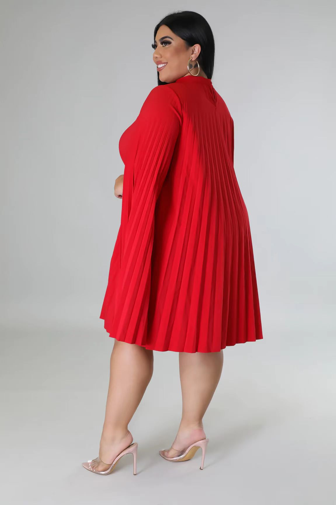 Fashion Solid Color Round Neck Long Sleeve Patchwork Polyester Plus Size Knee-Length Pleated Skirt