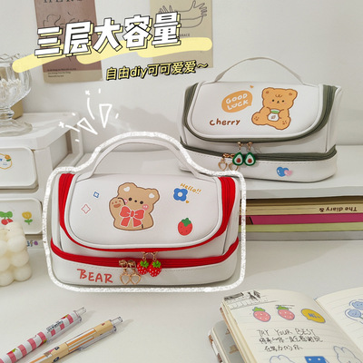 Art Blue ins Hearts Pencil bag capacity student Stationery bags Pencil box Cute multi- Storage Stationery bags