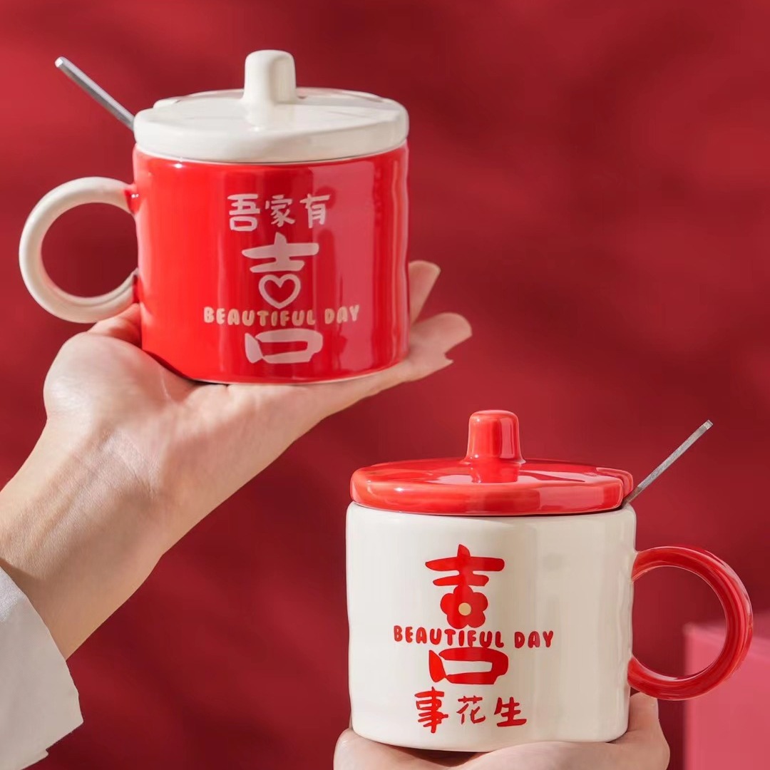 Boda creativa taza de boda pareja taza de agua regalo cerámica con tapa cuchara taza de café taza de boda de alto aspecto