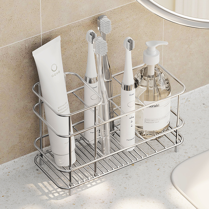 跨境不锈钢台面电动牙刷置物架免打孔牙杯子牙膏漱口杯沥水架子