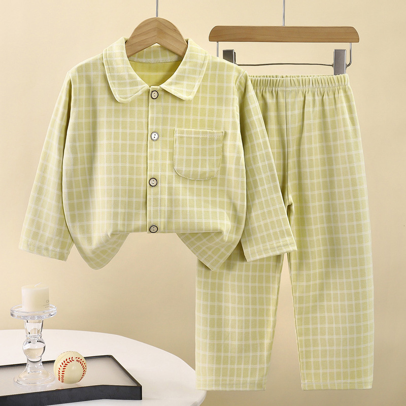 新款童装家居服套装儿童方格子暖绒翻领家居服男童睡衣宝宝居家服|undefined