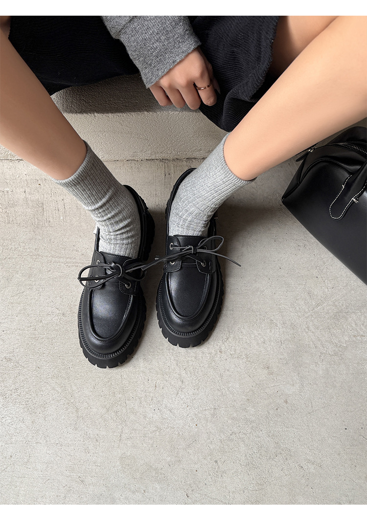 Giày loafer nữ đế dày mũi tròn buộc dây da bò — Đen (bóng) chi tiết 16