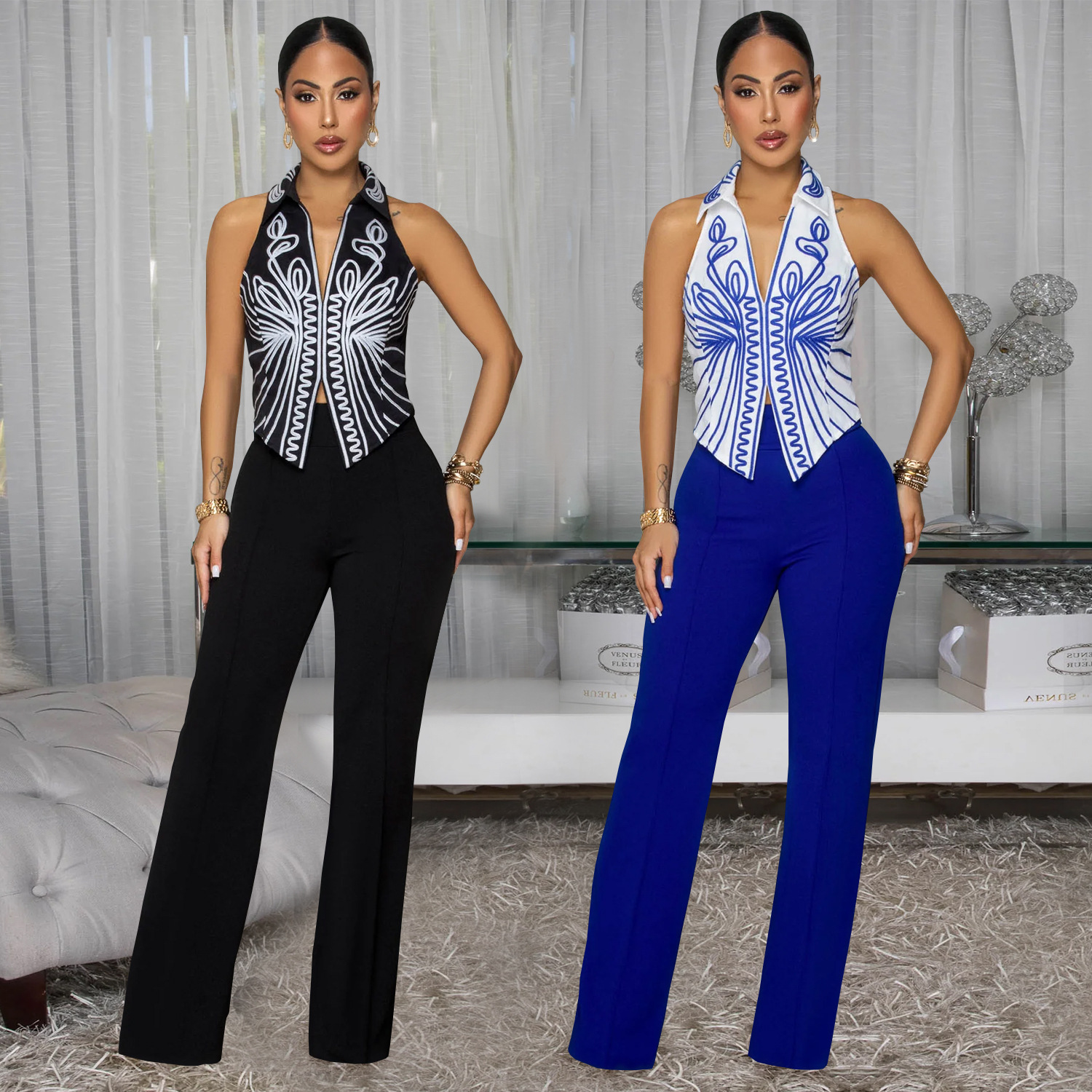 C7452 Cross-border AliExpress Amazon Moda europea y americana Ropa de mujer Temperamento Elegante top estampado Pantalones de dos piezas