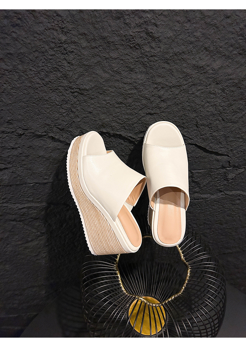 Sandal cao gót nữ mũi hở đế xuồng bọc cói phong cách La Mã — màu đen, màu trắng ngà chi tiết 18