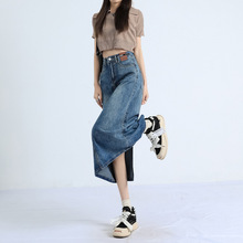 复古后开叉设计感牛仔半身裙女春夏高腰中长款a字包臀百搭一步裙