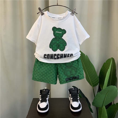Summer boys' suits summer clothes  new pure cotton short-sleeved tops ice silk shorts medium and large children's western style two-piece set