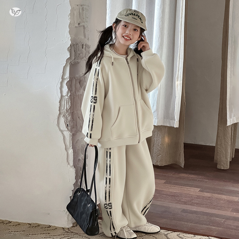女童2025秋冬加绒加厚卫衣套装中大童休闲保暖连帽外套卫裤阔腿裤|undefined