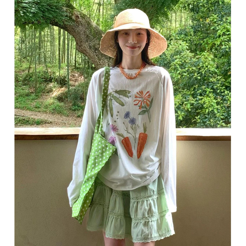 Sweet Japanese-Style Cute Snowflake Cotton Long-Sleeve T-Shirt for Women, Summer Loose and Lazy Style Oversized Sun Protection Cover-Up Top