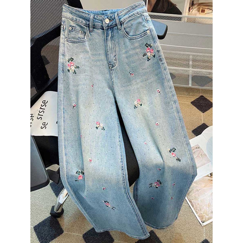 Special Clearance! Women's Spring and Summer Retro Rhinestone Straight-Leg Jeans with Delicate Heavy Embroidery Floral Wide-Leg Pants