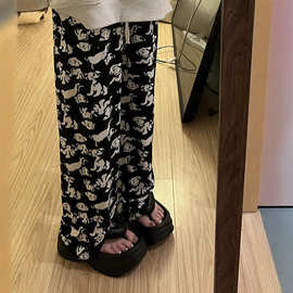 美式复古小狗印花抽绳阔腿裤新款薄高腰垂感休闲直筒裤冰丝拖地裤