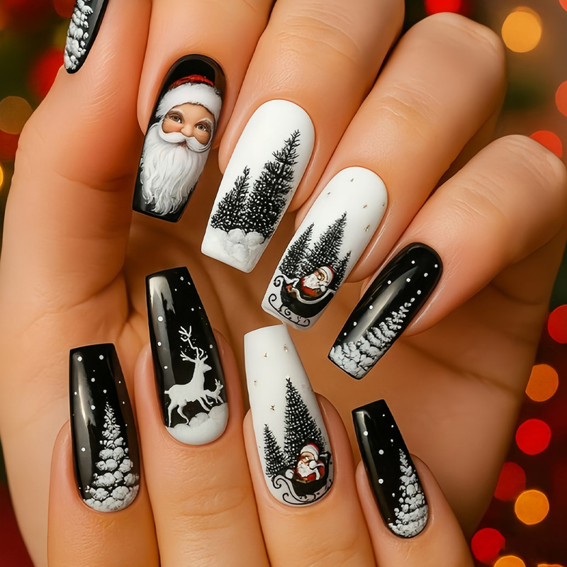 Cross-border European and American Christmas nail stickers with black and white contrasting Santa Claus patterns, cute and playful reindeer forest nail art Cross-border European and American Christmas nail stickers with black and white contrasting Santa Claus patterns, cute and playful reindeer forest nail art