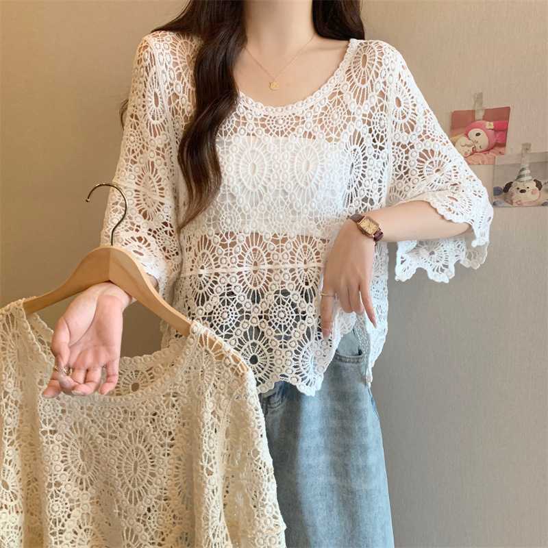 Bohemian Style Large Size Crochet Sweater for Women, Loose Pullover Blouse, Hollow Versatile Lace Top