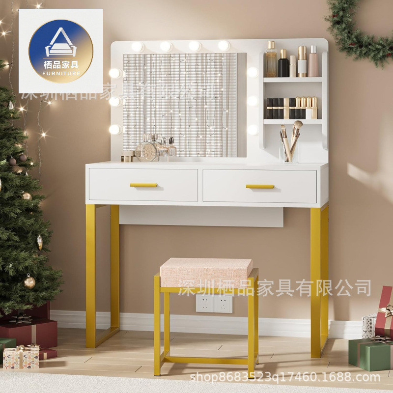 厂家直销铁木结合梳妆台工业风铁框架化妆桌稳固耐用卧室收纳带镜