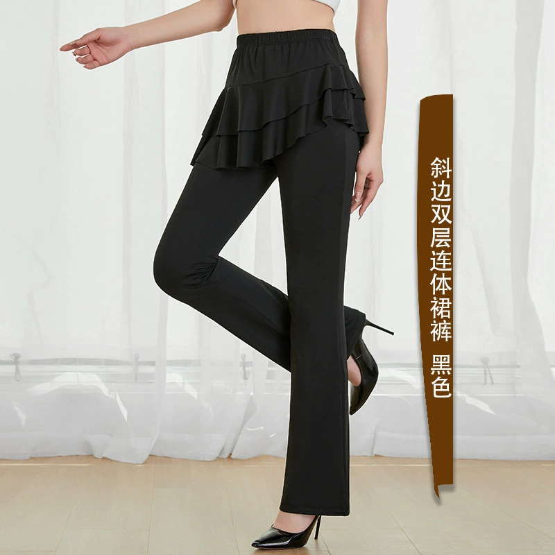 Dance Pants Plaza Latin Dance Skirt-Pants, Ruffled Overlay & Flared Leg, Sizes M–4XL