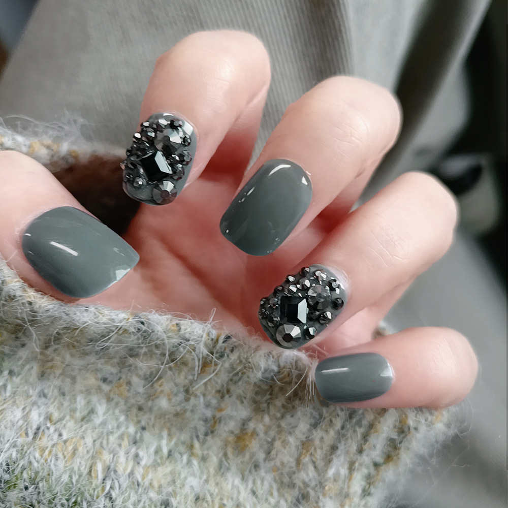 Diamante negro gris, lujo ligero manicure, retrógrado misterioso alto sentido de usar uñas 24 piezas de parche de uñas terminado image 1