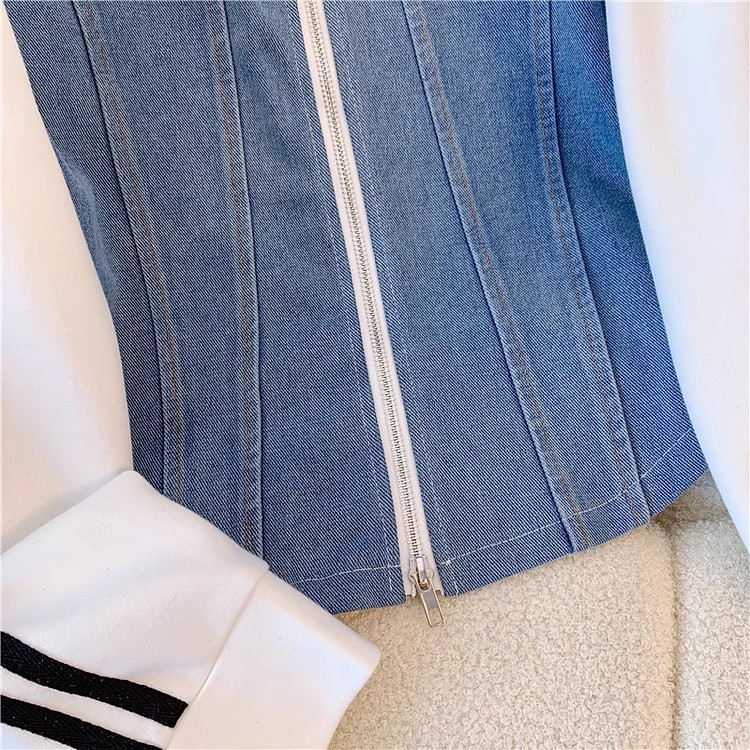 K Fashion Zipper Two-piece Long Sleeved Set For Women, New Denim Patchwork Top, Wide Leg Pants_ecoleips.com