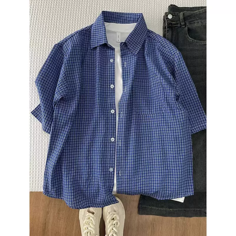 严选蓝色格子衬衫短袖男夏季港风冰丝穿搭格纹衬衫休闲五分外套