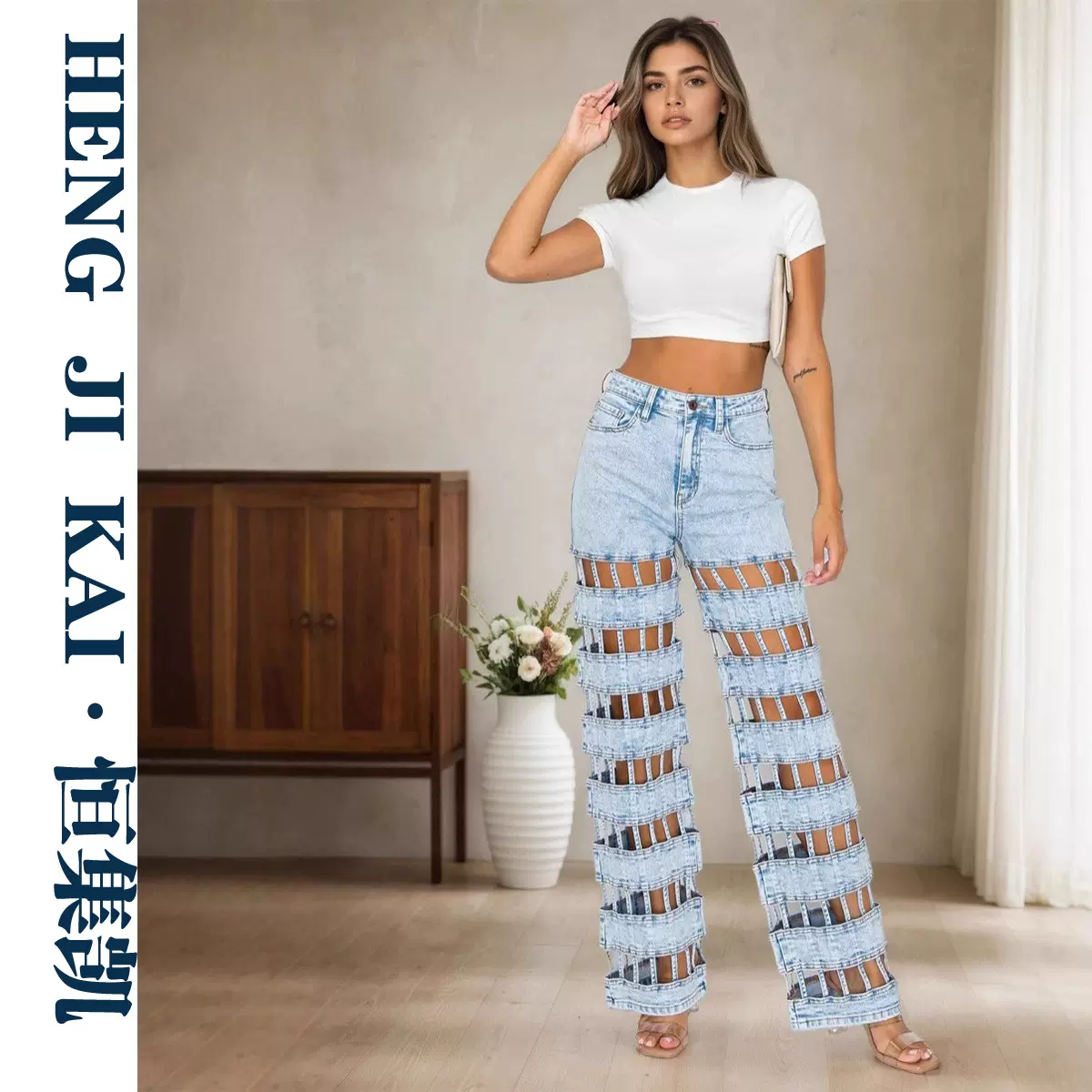 欧美女式破洞时尚百搭牛仔裤亚马逊跨境女装新款街头时尚镂空高腰