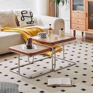 Vintage Coffee Table for Living Room, Small Household Tea Table Set, Light Luxury Modern Trendy Rattan Simple Stainless Steel Ins
