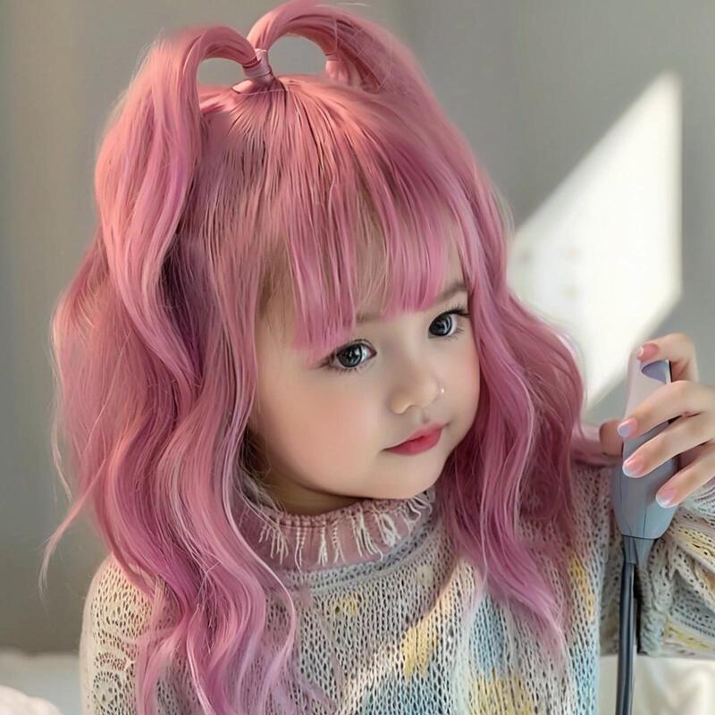 Internet Celebrant Children's Girl's Pink Medium Long Curly Hair Baby's Foam Face Hair Baby's Cute Wig Chemical Fiber Full Head Cover