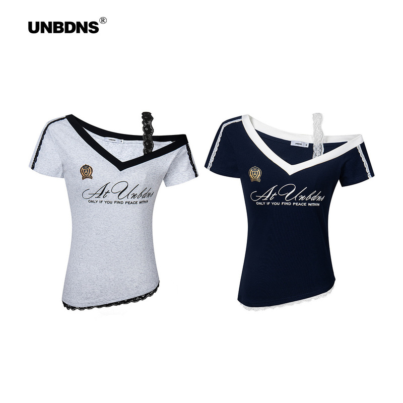 Unbdns American-Style Dark Blue Niche Lace Camisole Fake Two-Piece Spicy Girl Top Women's Slim-Fit Letter Short-Sleeve T-Shirt