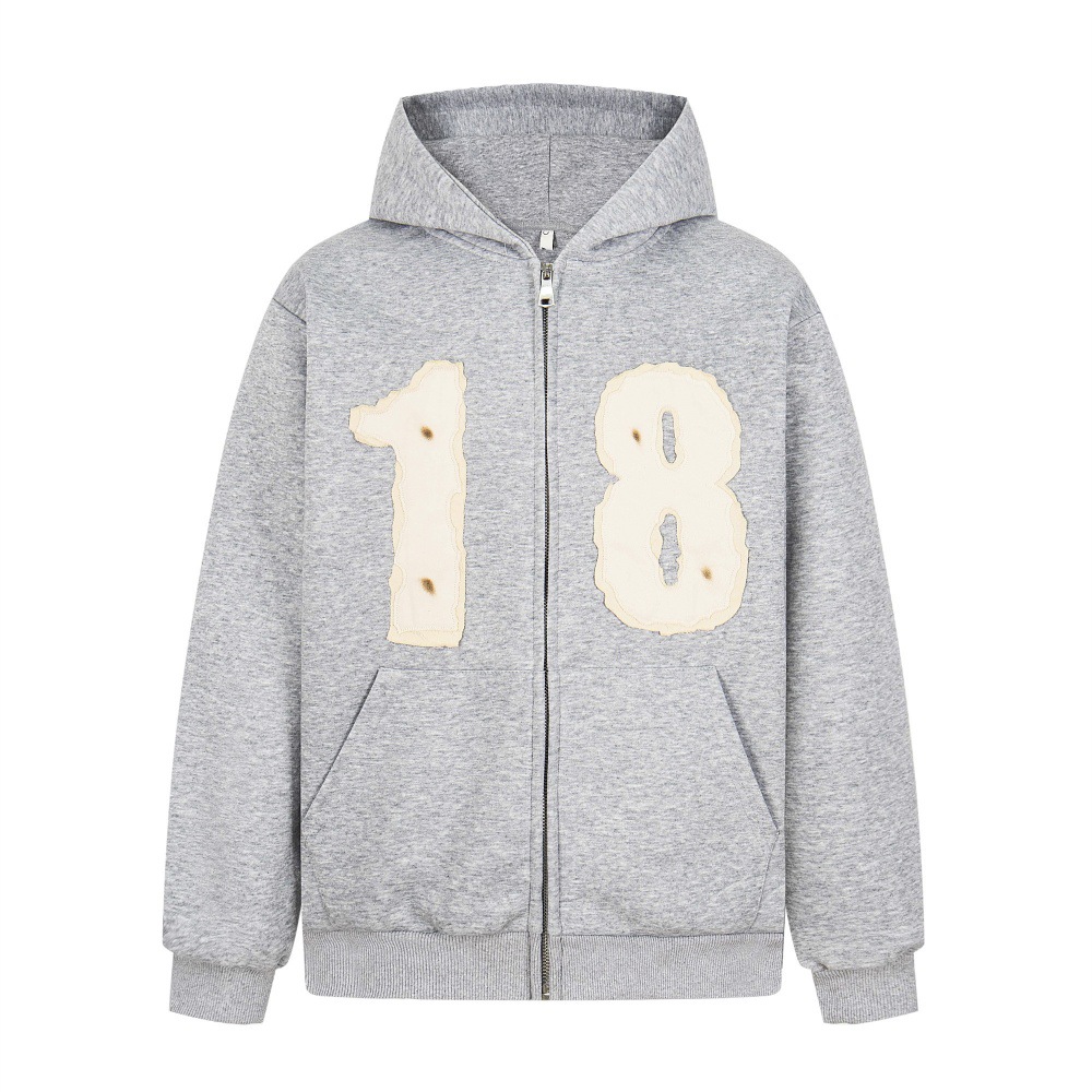 18 Number Patch Embroidery Zipper Cardigan Sweatshirt Vibe Trendy Autumn Winter Men's Hooded Jacket Loose Casual_voghion.com