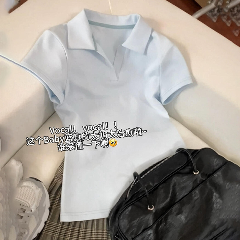 ブルーポロカラー半袖Tシャツ女性用2025新しい夏右肩スリムフィットラペル純綿ショートトップ|undefined