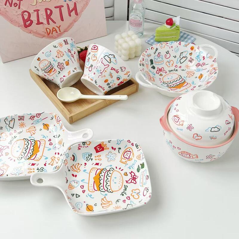 Graffiti Hamburger Rabbit Rice Bowl Handle Plate Skirt Plate Underglaze Color Ins Style Cute Ceramic Tableware Hot Girl