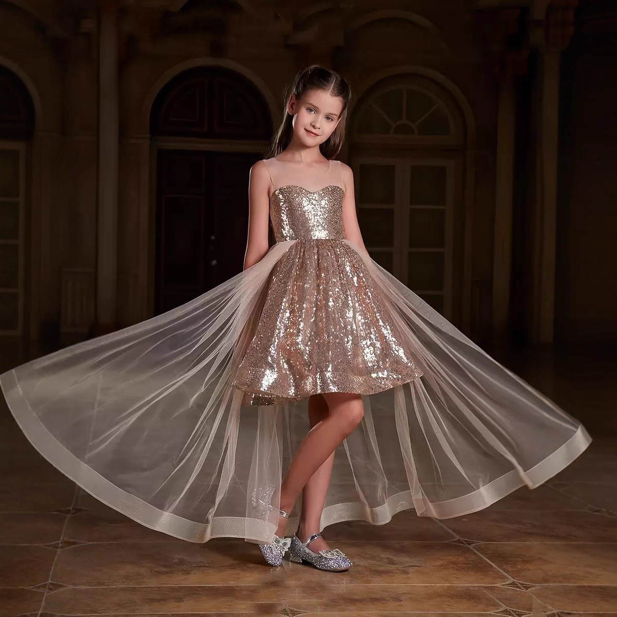 Girls' Dress Champagne Color Vocal Art Exam Tutu Skirt Banquet Evening Dress Sequin Ball Dress Kidsren's Skirt