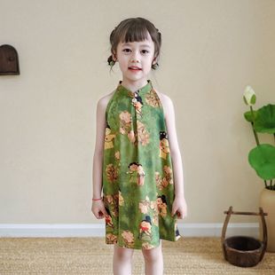 New Chinese Style Girls' Cheongsam Dress 2025 Summer New Button Retro National Style Satin Mid-Length Children's Cheongsam