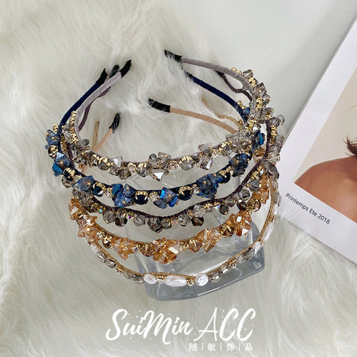 Korean version of the new trendy wave wrapped crystal fine hair hoop full of diamonds Baroque headband bridal headdress pearl hair bundle