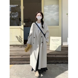 PPHOME Korean Style Gentle Style Long Woolen Coat Women's Autumn Small Style Elegant Lap Collar Coat